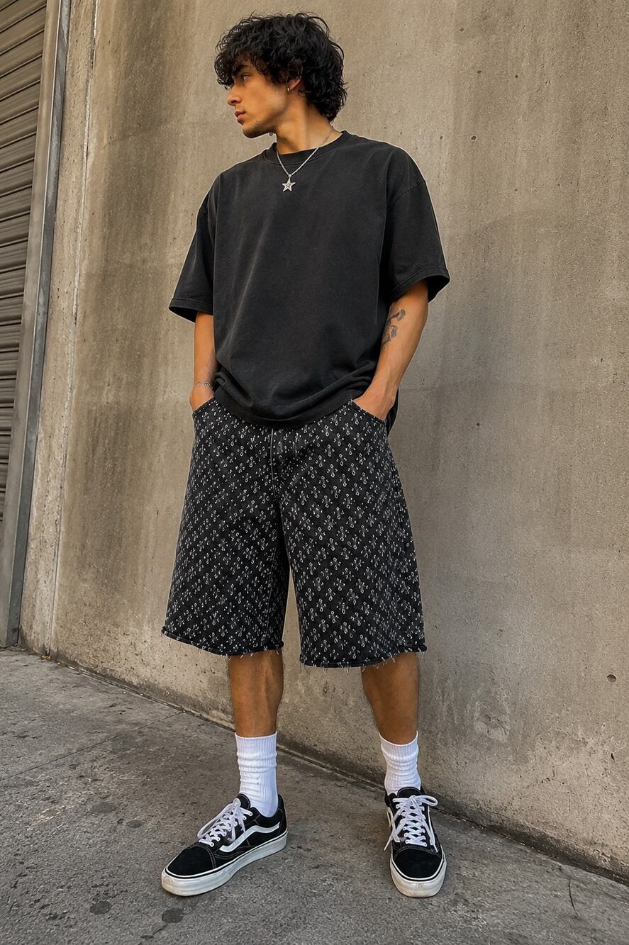 Review Mens Distressed Denim Jorts L Black Y2K Skater Bermuda Long Shorts
